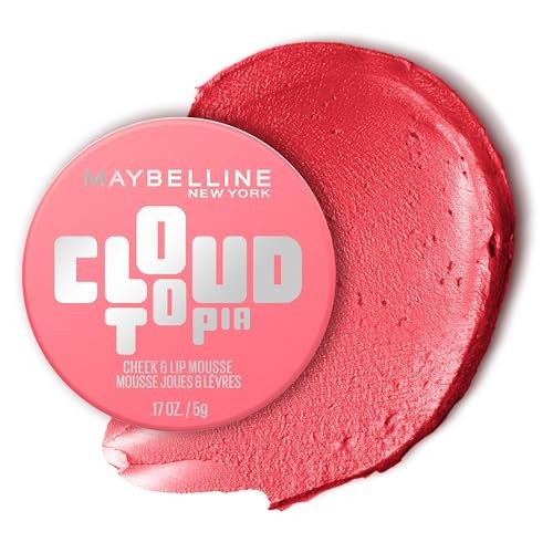 Maybelline Cloudtopia Lip and Cheek Mousse Blush - Moonlit Rose 7 - 0.17oz: Matte Finish, Noncomedogenic, Light Coverage, Suitable for All Skin Types