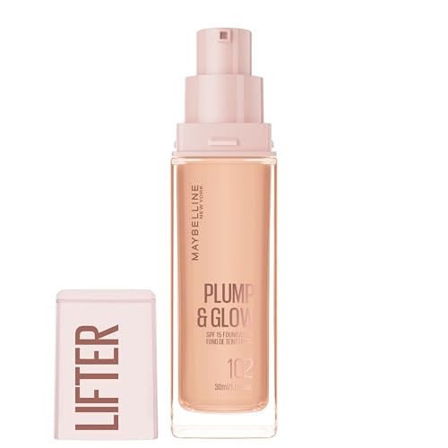 Maybelline Lifter Plump & Glow Foundation with Hyaluronic Acid - 102 - 1 Fl Oz: Moisturizing, Color Correction, Vegan, Liquid