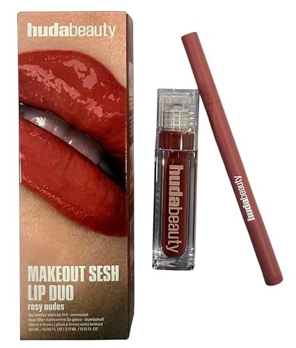 Huda Makeout Sesh Lip Duo – Rosy Nudes – Lip Contour Stain (Rosewood) + Faux Filler Extra Shine Lip Gloss (Bombshell)