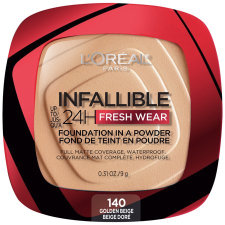 L'Oreal Paris Infallible up to 24H Fresh Wear Foundation in a Powder - 140 Golden Beige - 0.31oz: Noncomedogenic, Full Coverage, Matte Finish
