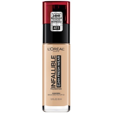 L'Oreal Paris Infallible 32HR Fresh Wear Foundation with SPF 25 - 411 Beige Ivory - 1 Fl Oz: Vegan, Full Coverage, Matte Finish, Liquid Form